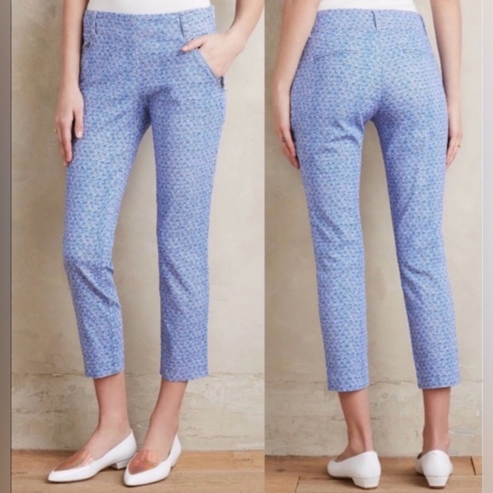 Anthro CARTONNIER Charlie Trousers Pants Slim Ankle Crop Seashells Blue pink